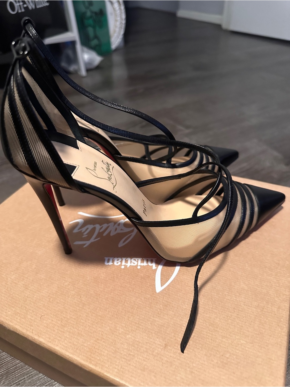 Christian Louboutin Black Strappy Mesh Pointed-Toe Stilettos